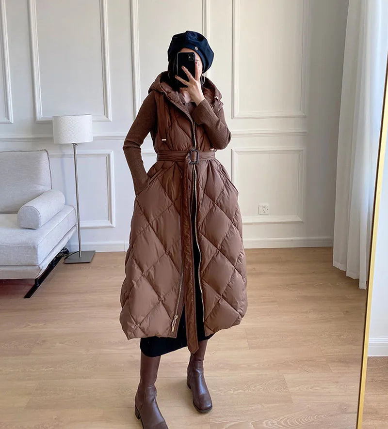 Luxury Women's Sleeveless down Vest Winter Warm Hooded Zipper Long Jacket with Belt Fashion Outerwear