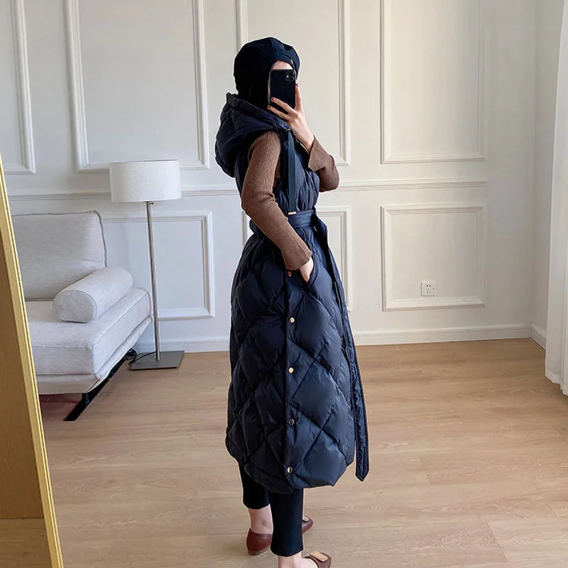 Luxury Women's Sleeveless down Vest Winter Warm Hooded Zipper Long Jacket with Belt Fashion Outerwear
