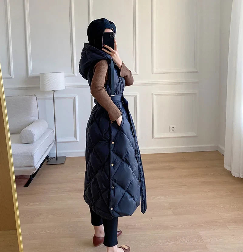 Luxury Women's Sleeveless down Vest Winter Warm Hooded Zipper Long Jacket with Belt Fashion Outerwear