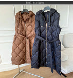 Luxury Women's Sleeveless down Vest Winter Warm Hooded Zipper Long Jacket with Belt Fashion Outerwear
