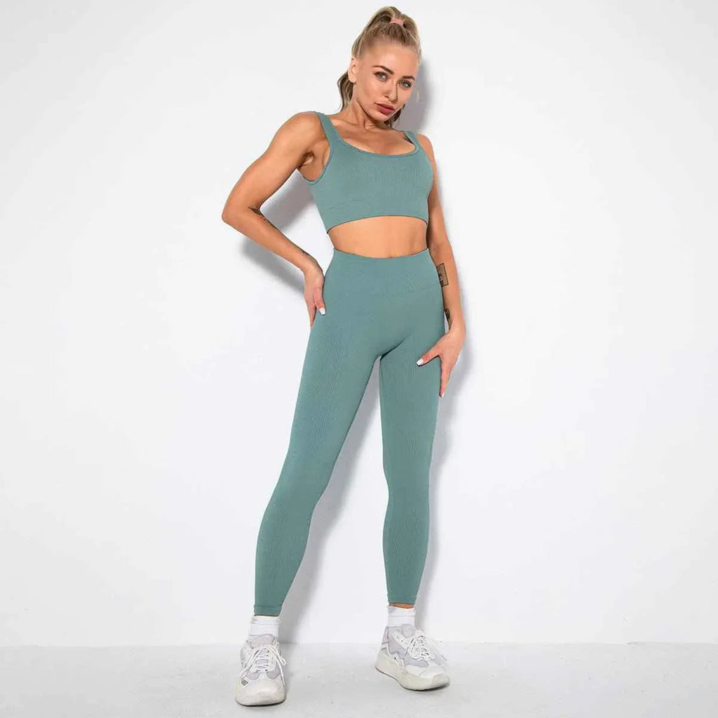 Seamless Sexy 2 Piece Active Wear Set - Women's U V Neck Gym Leggings & Top for Yoga & Fitness