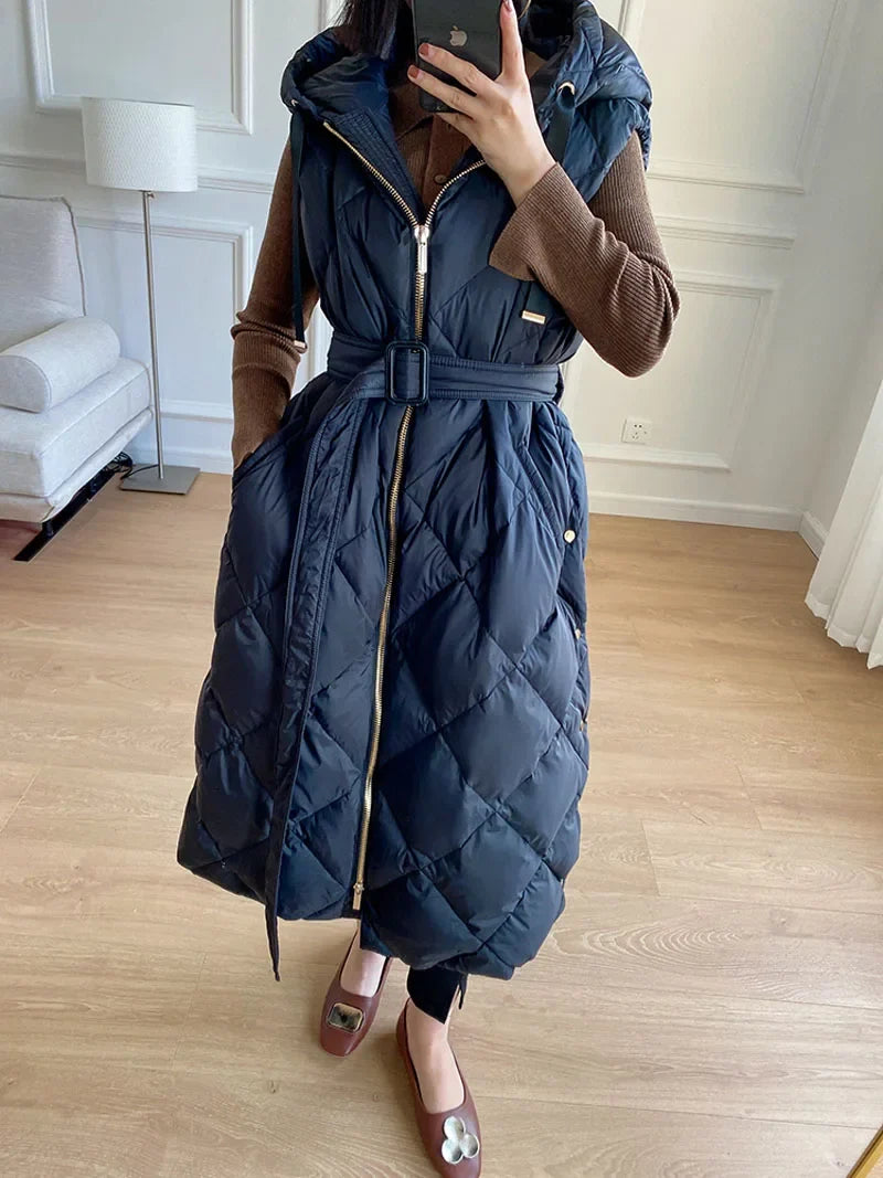 Luxury Women's Sleeveless down Vest Winter Warm Hooded Zipper Long Jacket with Belt Fashion Outerwear