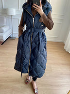 Luxury Women's Sleeveless down Vest Winter Warm Hooded Zipper Long Jacket with Belt Fashion Outerwear