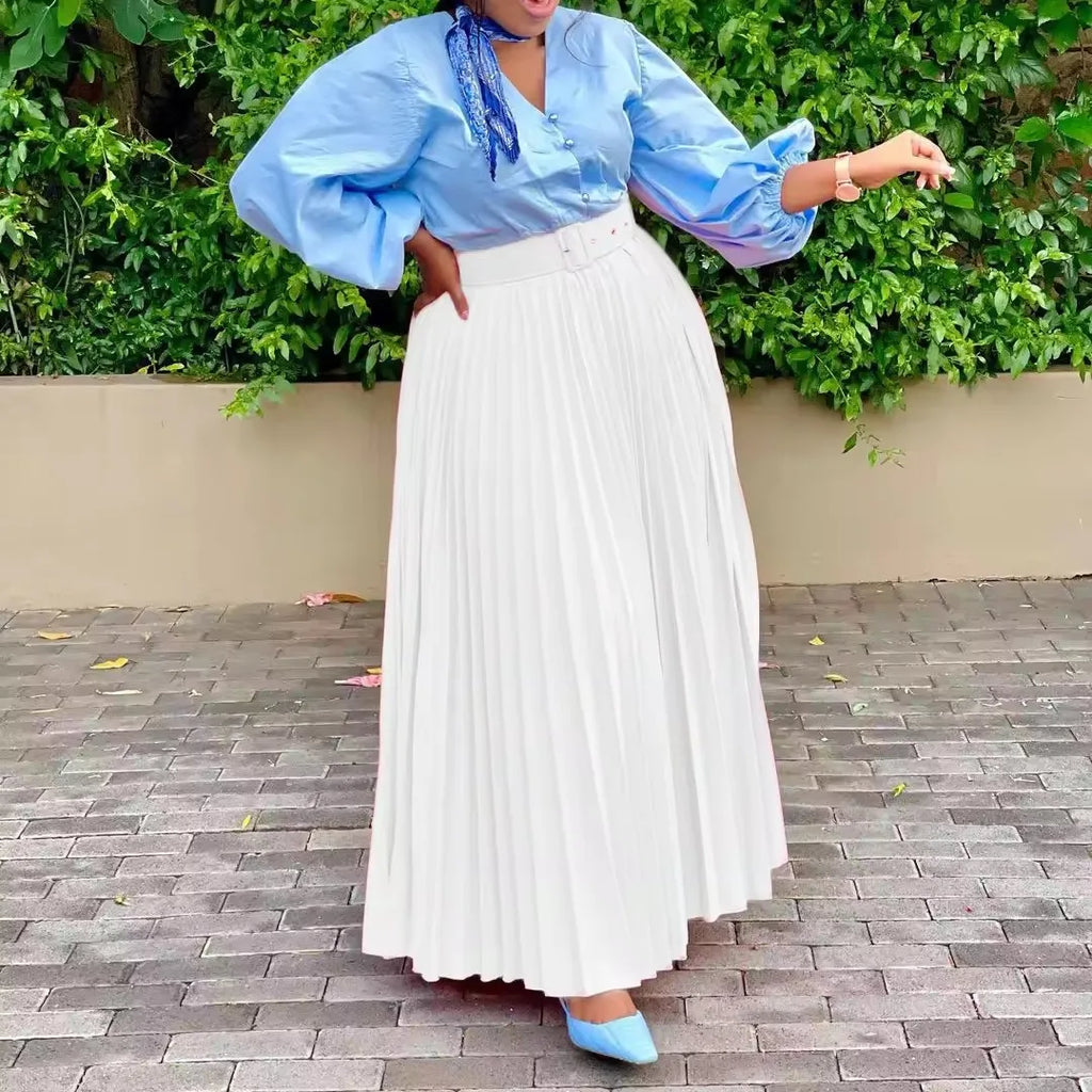 Pleated Midi Skirt with Belt - Elegant A-Line Skirt for Women