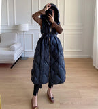 Luxury Women's Sleeveless down Vest Winter Warm Hooded Zipper Long Jacket with Belt Fashion Outerwear