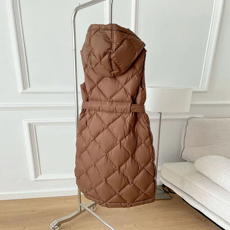 Luxury Women's Sleeveless down Vest Winter Warm Hooded Zipper Long Jacket with Belt Fashion Outerwear
