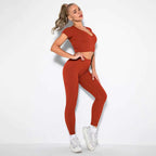 Seamless Sexy 2 Piece Active Wear Set - Women's U V Neck Gym Leggings & Top for Yoga & Fitness