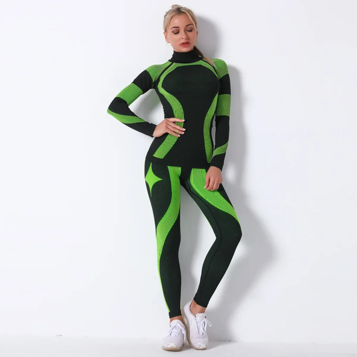 Breathable Yoga Workout Long Sleeve Shirt Leggings Set Gym Sports Fitness Striped Pants Suit For Women