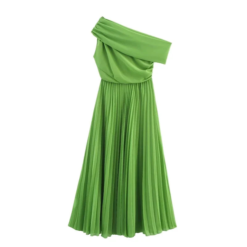 Oblique Shoulder Midi Dress - Elegant A-Line Pleated Dress for Women