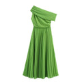 Oblique Shoulder Midi Dress - Elegant A-Line Pleated Dress for Women