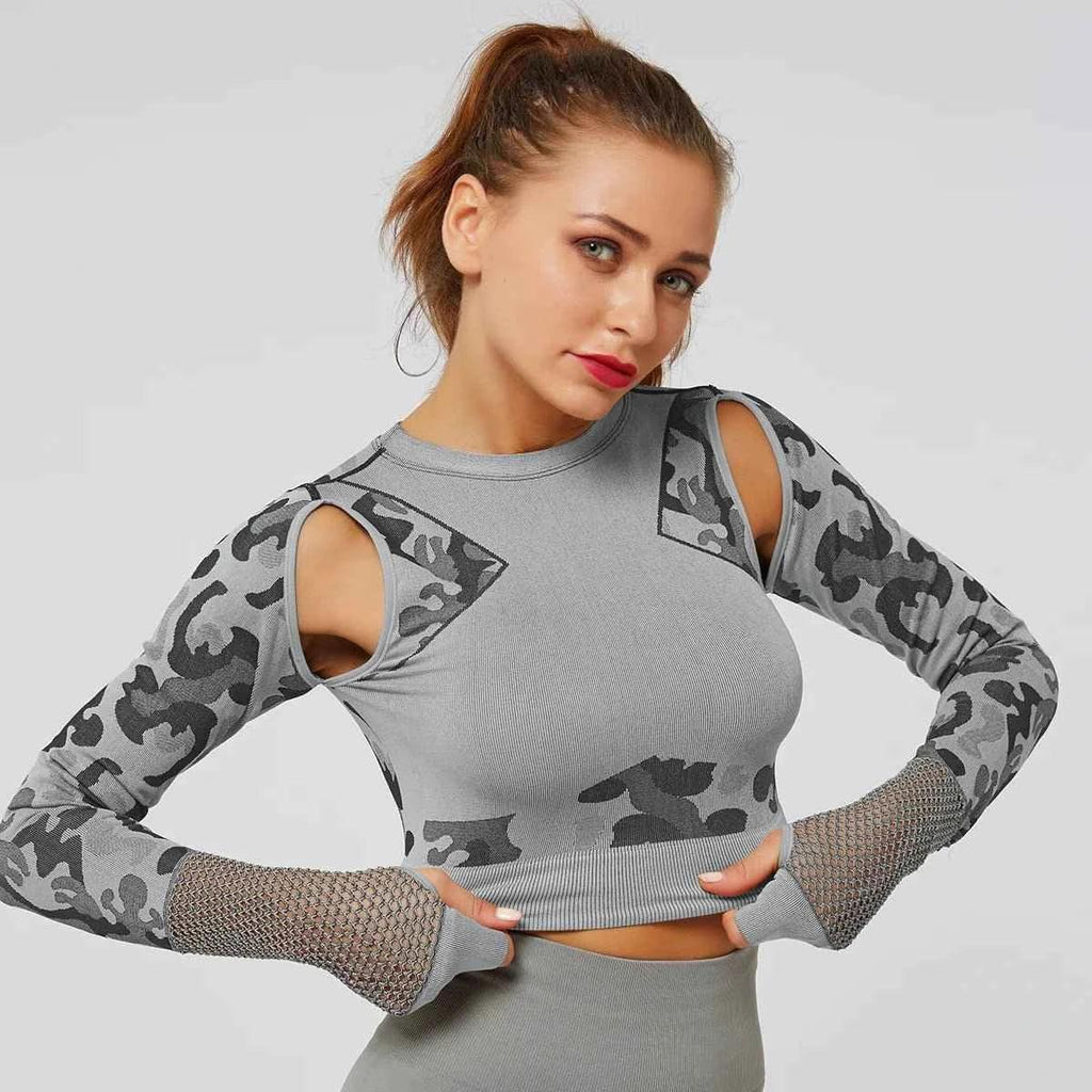 Summer Long Sleeve Crop Top Women Fitness Gym Yoga Sports Camouflage Seamless Breathable Yoga Top