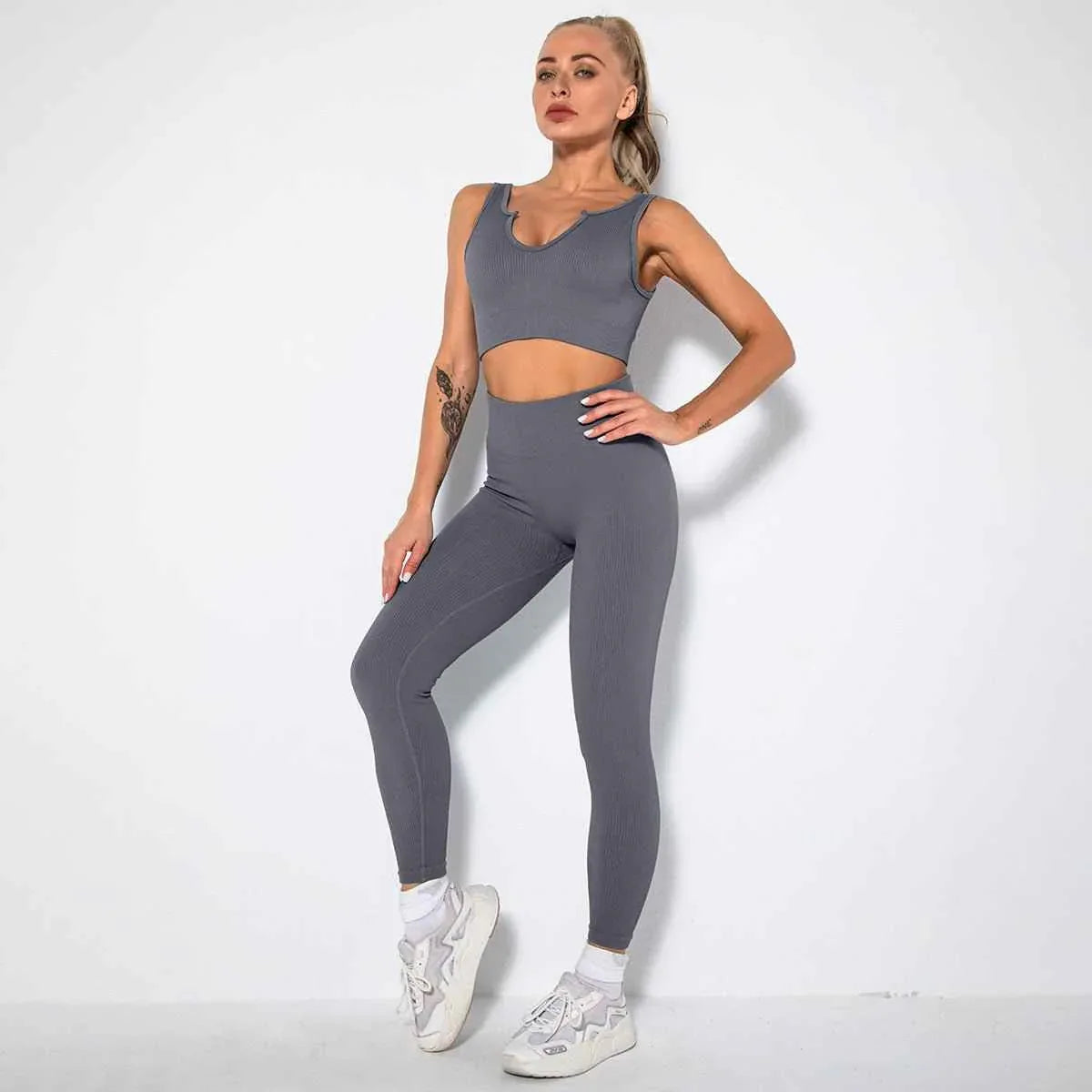 Seamless Sexy 2 Piece Active Wear Set - Women's U V Neck Gym Leggings & Top for Yoga & Fitness