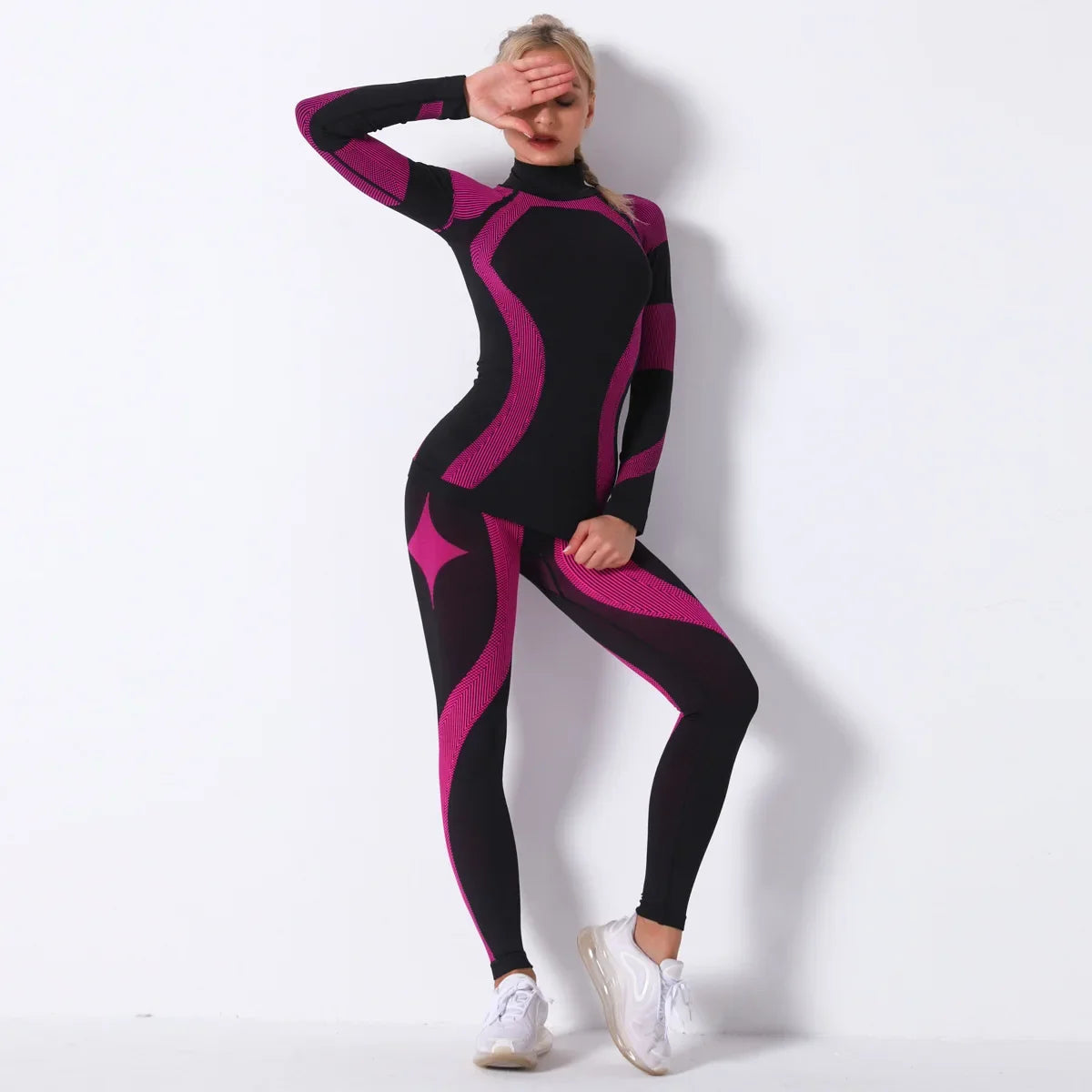 Breathable Yoga Workout Long Sleeve Shirt Leggings Set Gym Sports Fitness Striped Pants Suit For Women
