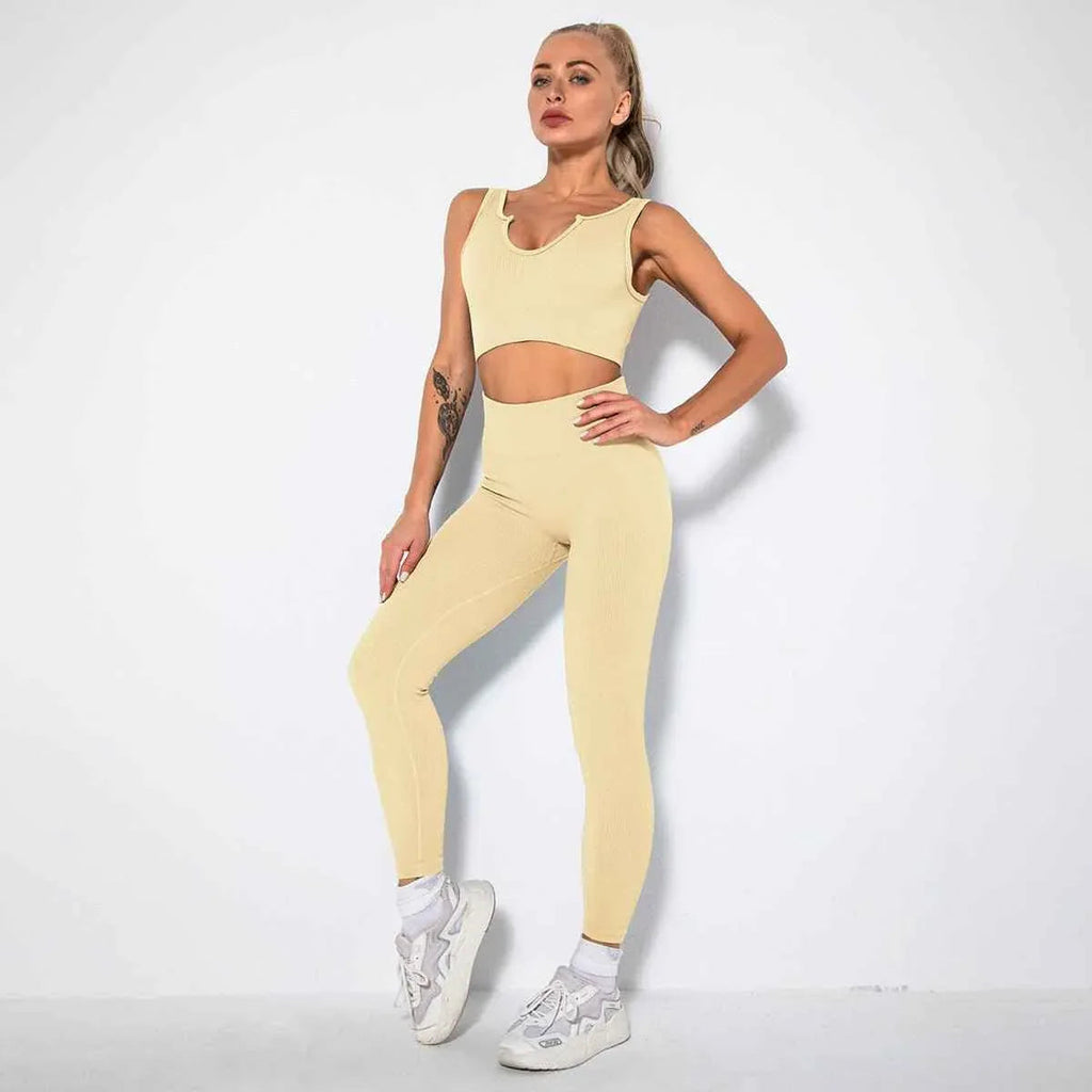 Seamless Sexy 2 Piece Active Wear Set - Women's U V Neck Gym Leggings & Top for Yoga & Fitness