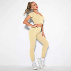 Seamless Sexy 2 Piece Active Wear Set - Women's U V Neck Gym Leggings & Top for Yoga & Fitness