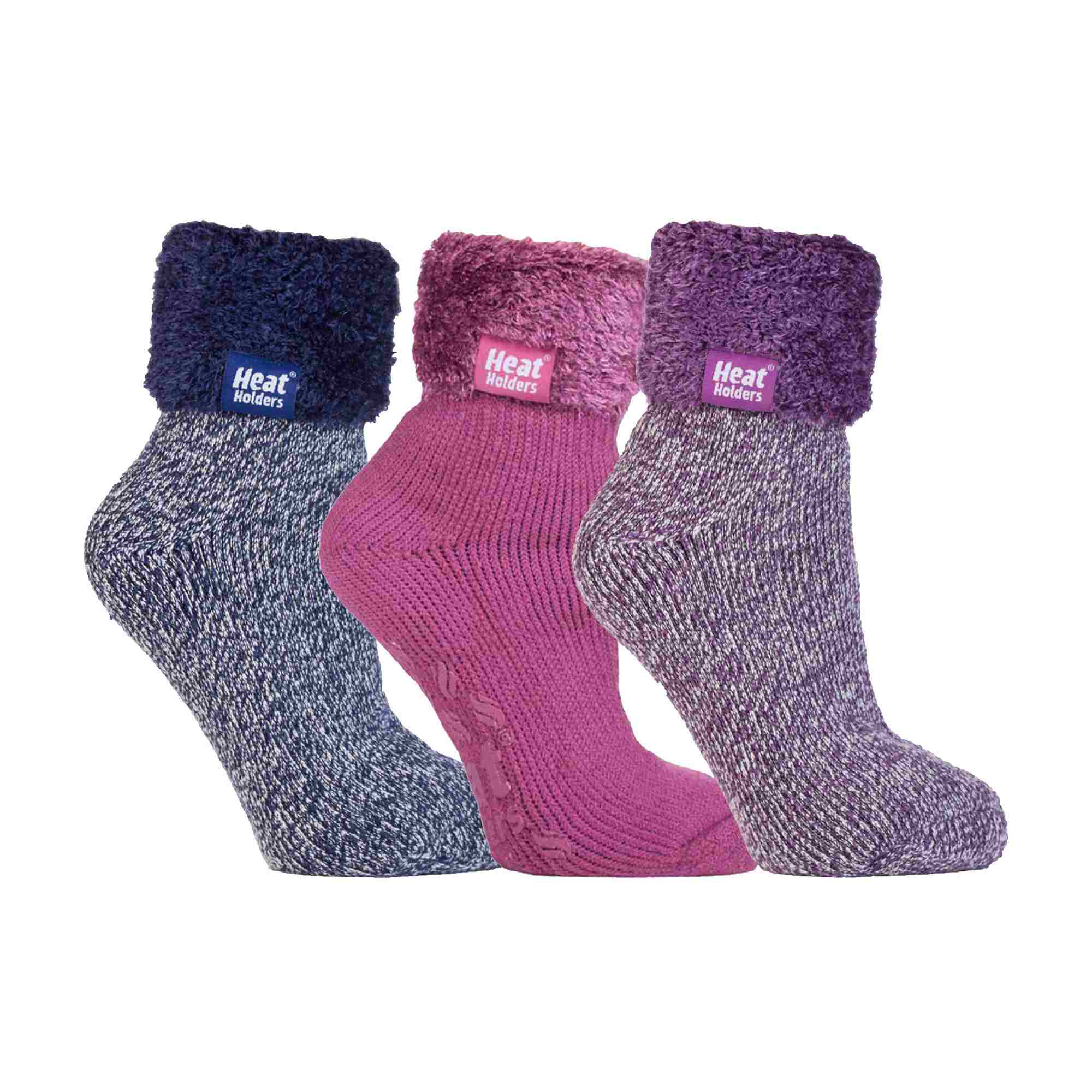 Ladies 3 Pair Multipack Fluffy Fleece Slipper Bed Socks with Non Slip Grips