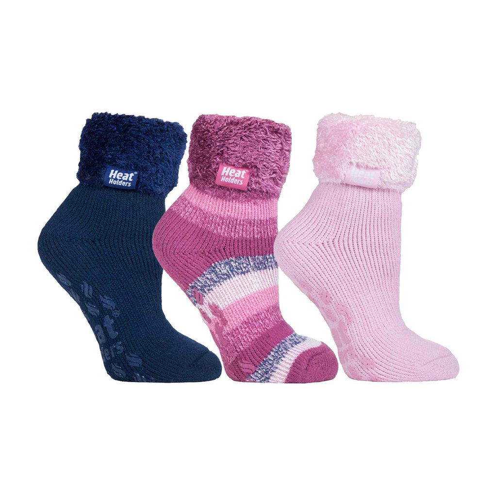 Ladies 3 Pair Multipack Fluffy Fleece Slipper Bed Socks with Non Slip Grips