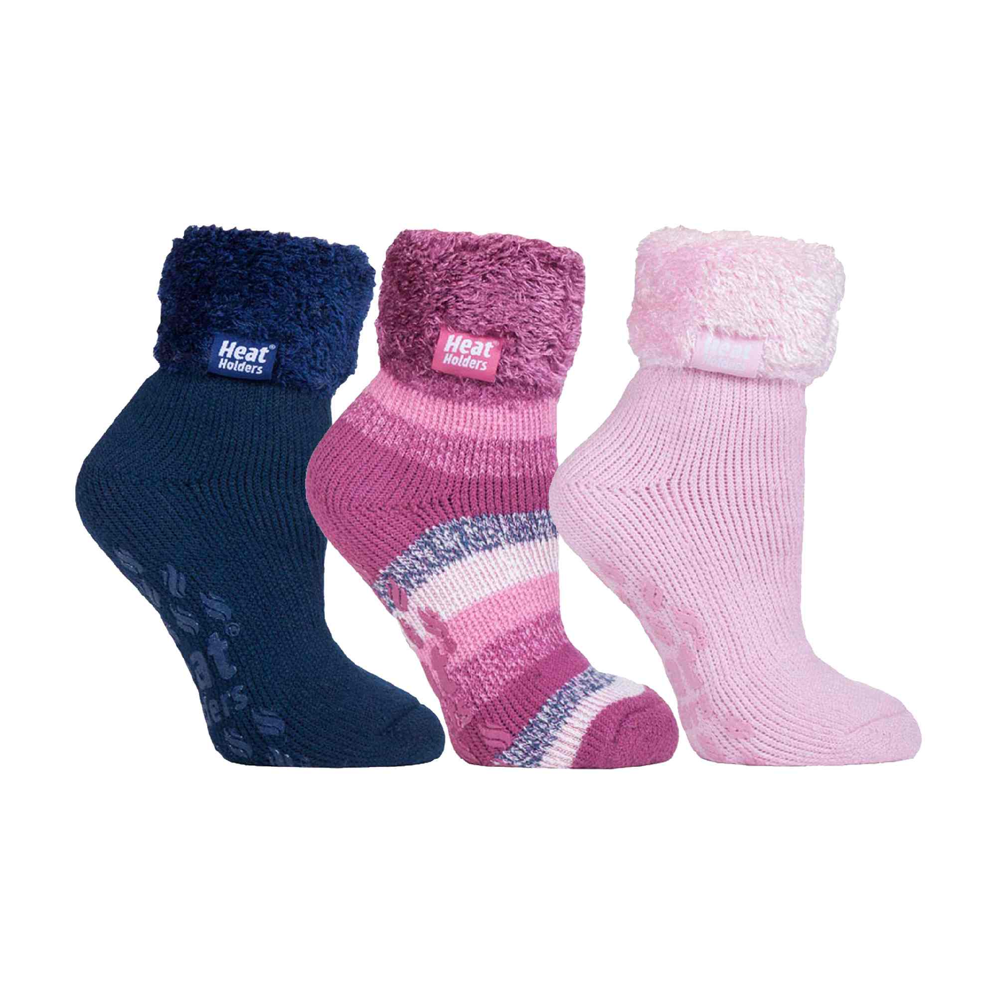 Ladies 3 Pair Multipack Fluffy Fleece Slipper Bed Socks with Non Slip Grips
