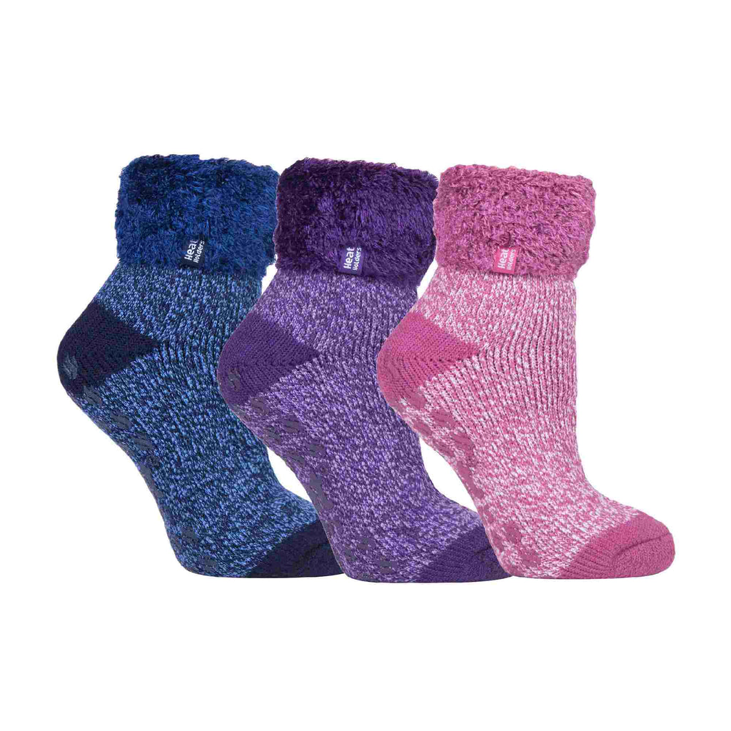Ladies 3 Pair Multipack Fluffy Fleece Slipper Bed Socks with Non Slip Grips