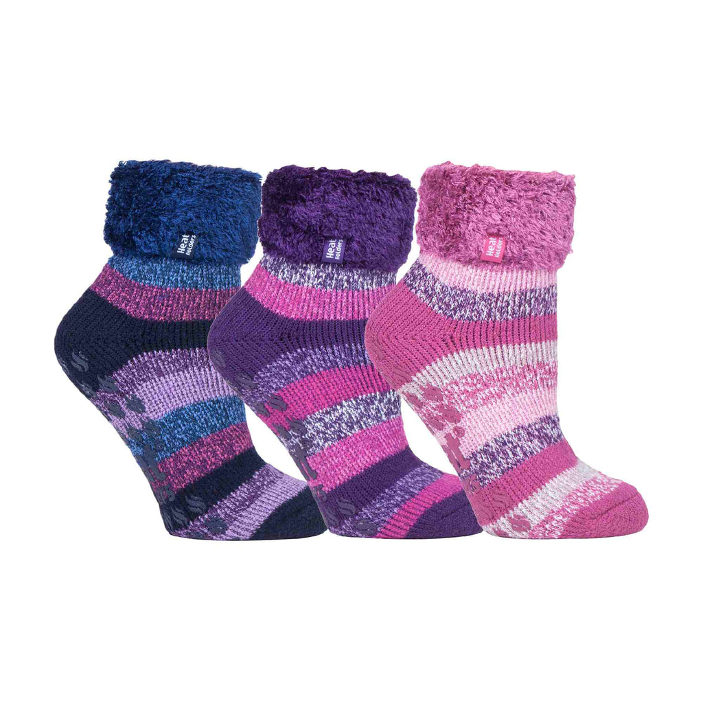 Ladies 3 Pair Multipack Fluffy Fleece Slipper Bed Socks with Non Slip Grips
