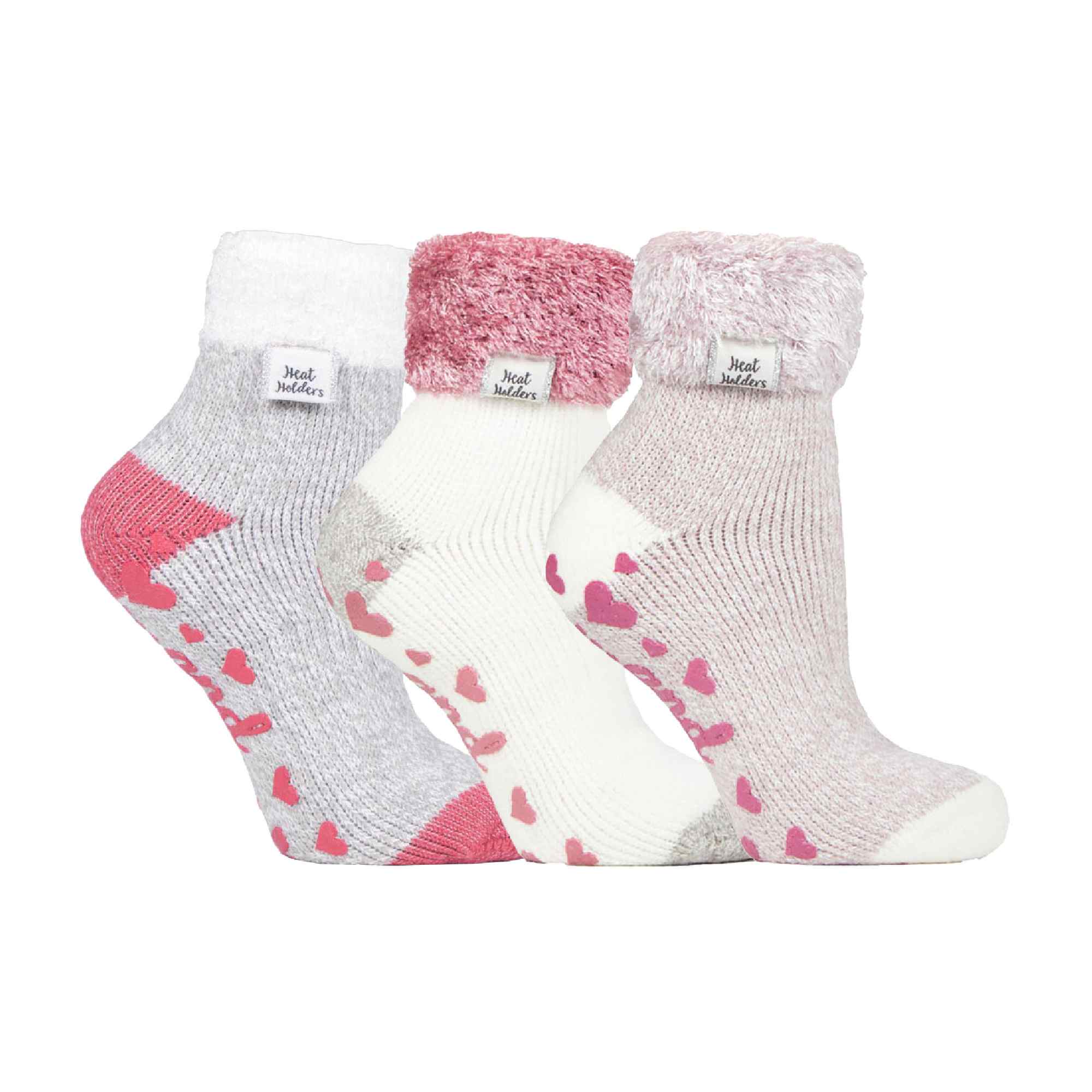 Ladies 3 Pair Multipack Fluffy Fleece Slipper Bed Socks with Non Slip Grips