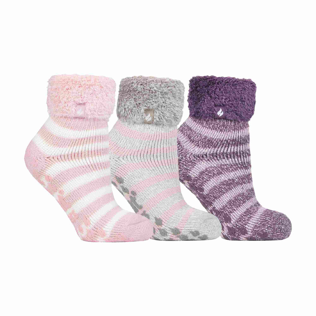 Ladies 3 Pair Multipack Fluffy Fleece Slipper Bed Socks with Non Slip Grips