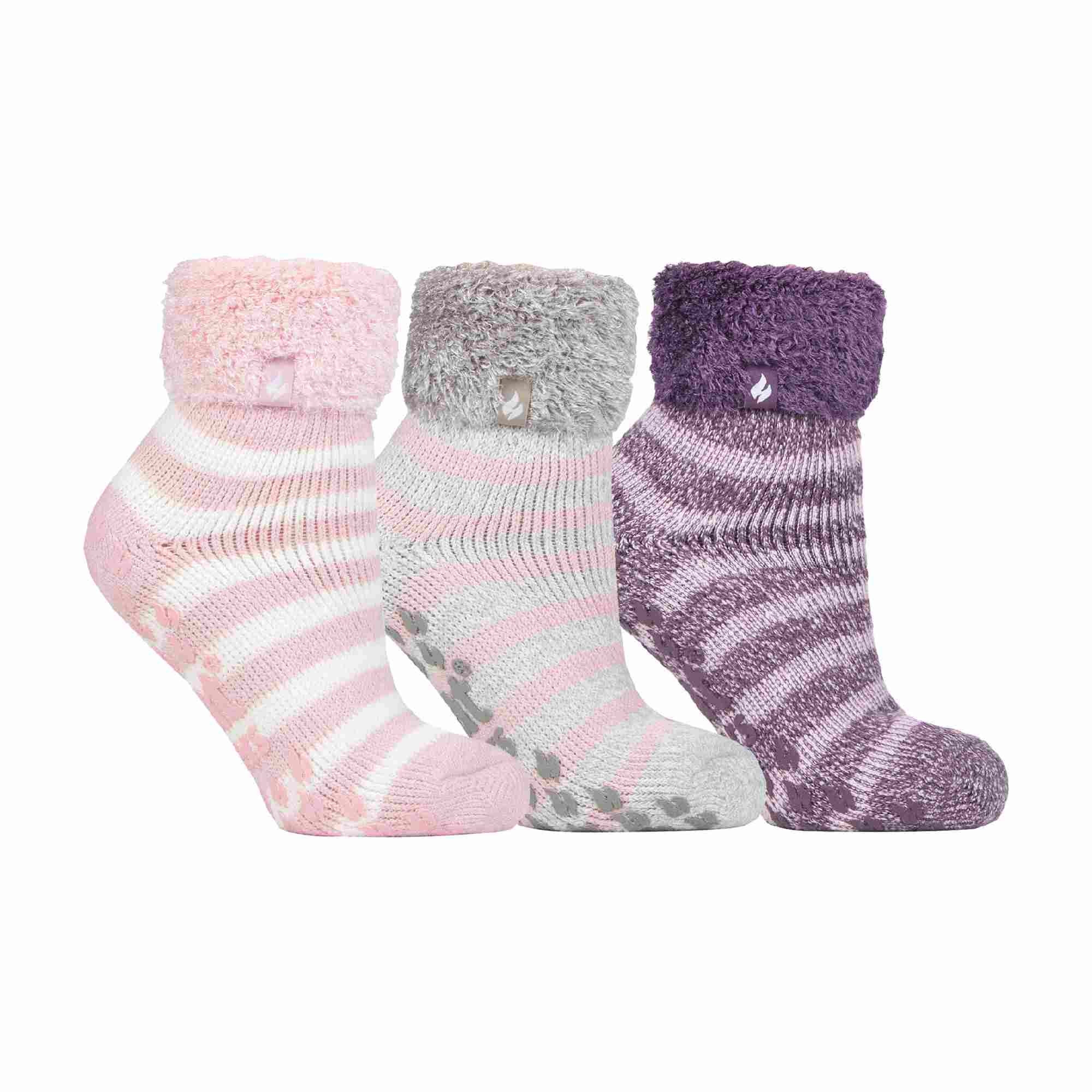 Ladies 3 Pair Multipack Fluffy Fleece Slipper Bed Socks with Non Slip Grips