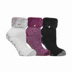 Ladies 3 Pair Multipack Fluffy Fleece Slipper Bed Socks with Non Slip Grips