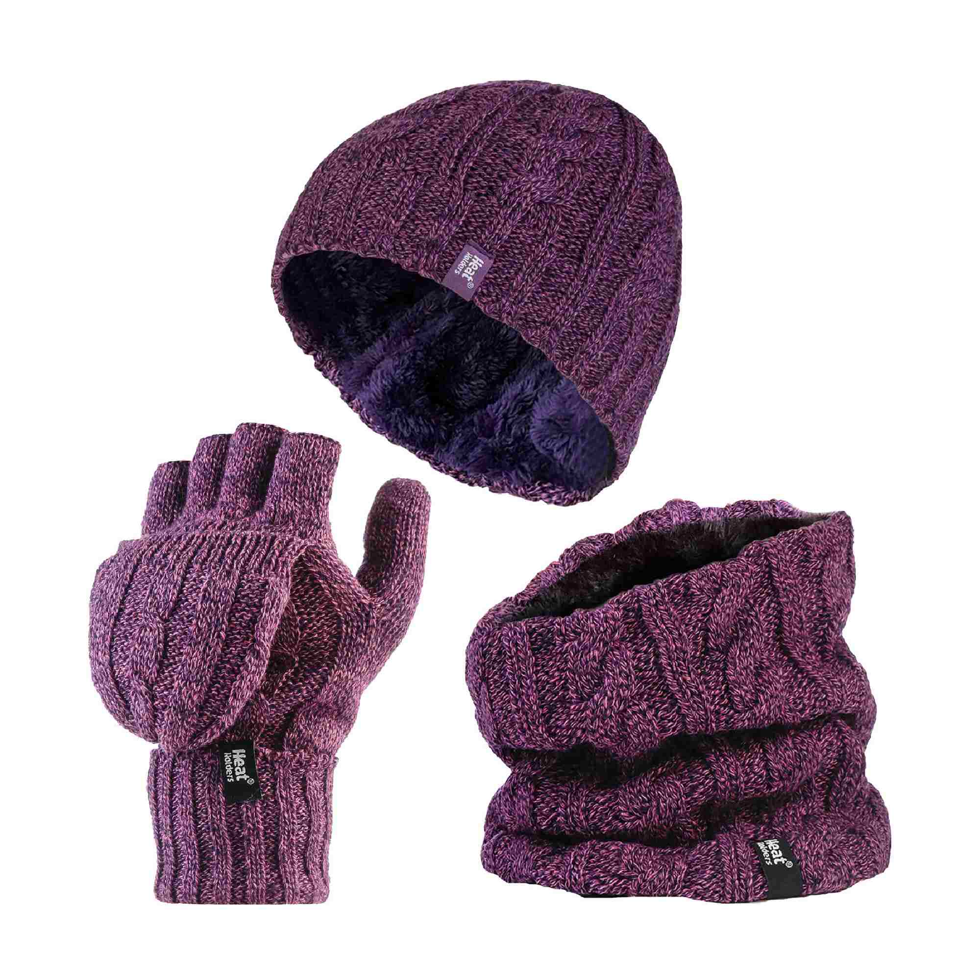 Ladies Fleece Lined Thermal Winter Hat, Neck Warmer & Converter Gloves Set