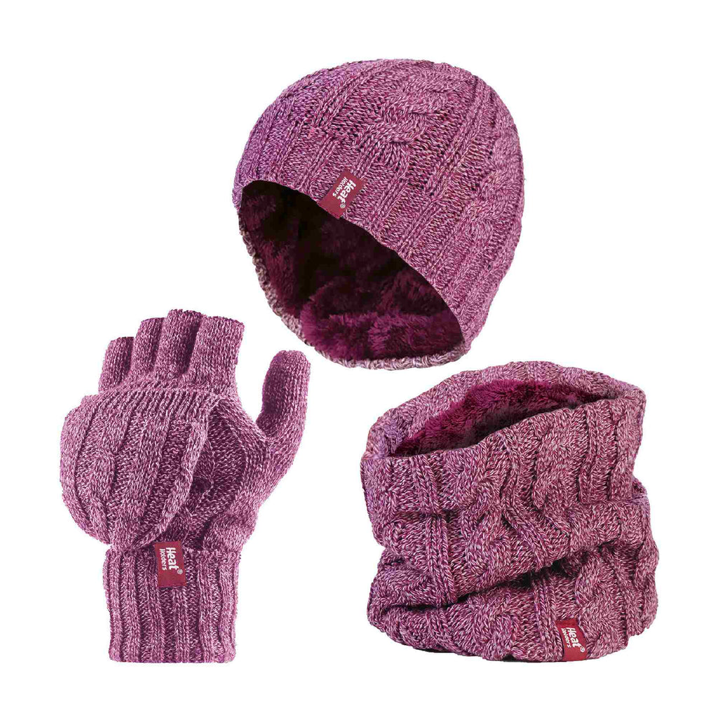 Ladies Fleece Lined Thermal Winter Hat, Neck Warmer & Converter Gloves Set