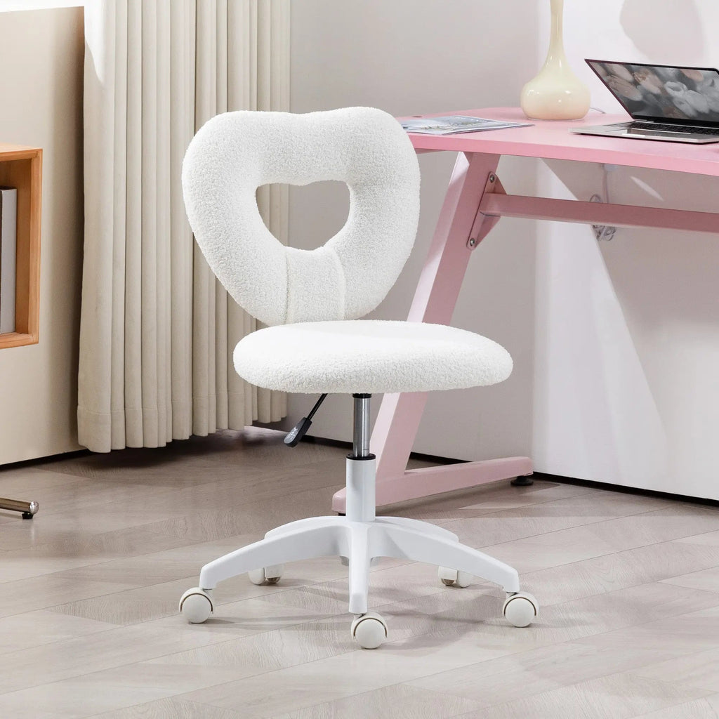 HOMCOM Armless Heart Computer Desk Chair, Teddy Fleece Swivel Office Chair, Makeup Vanity Chair with Height Adjustable, Wheels, for Home Study Bedroom, White