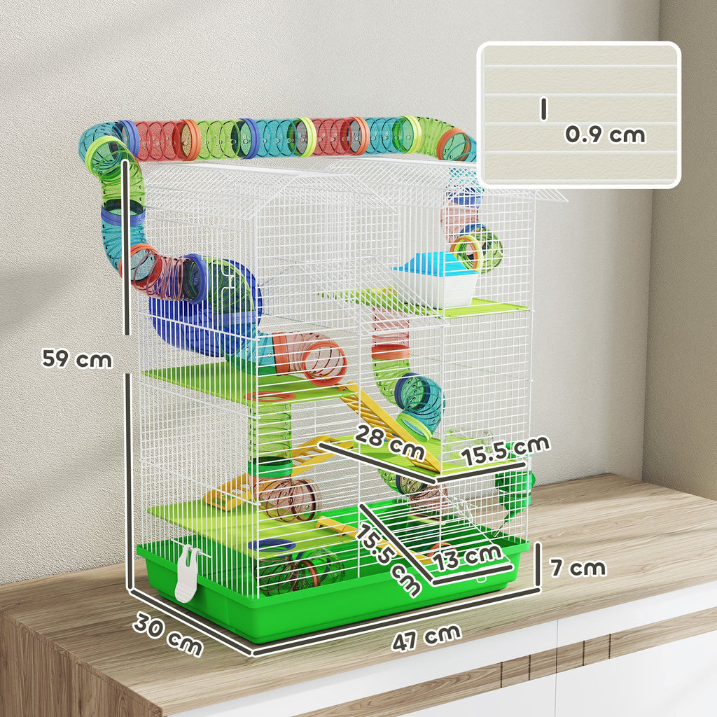 PawHut 5 Tier Hamster Cage Carrier Habitat with Exercise Wheels Tunnel Tube Water Bottle Dishes House Ladder for Dwarf Mice, Green