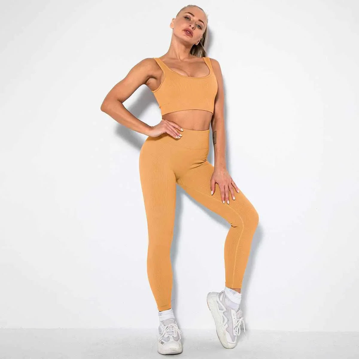 Seamless Sexy 2 Piece Active Wear Set - Women's U V Neck Gym Leggings & Top for Yoga & Fitness
