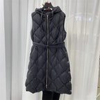 Luxury Women's Sleeveless down Vest Winter Warm Hooded Zipper Long Jacket with Belt Fashion Outerwear