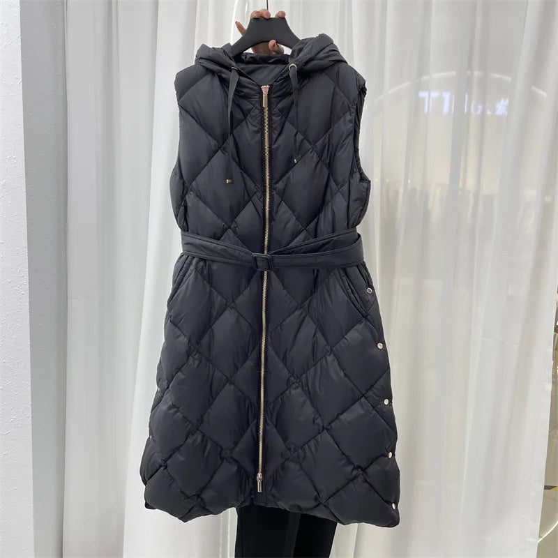 Luxury Women's Sleeveless down Vest Winter Warm Hooded Zipper Long Jacket with Belt Fashion Outerwear