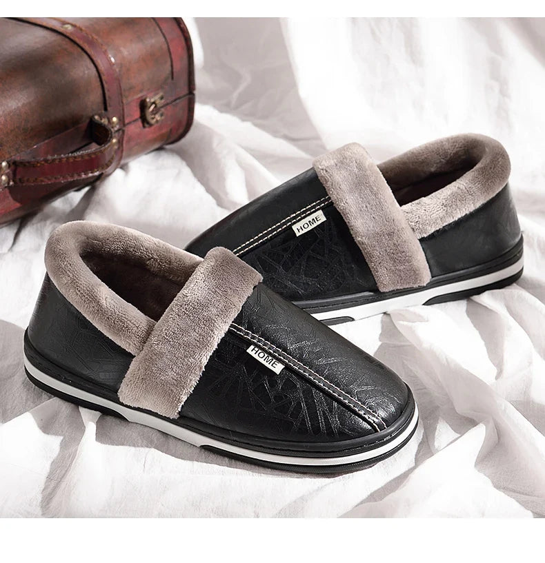 Men's Big Size Winter Slippers Home PU Leather Shoes for Men Indoor Waterproof Fur Cotton Male Bedroom Slipper Flat Houseshoes