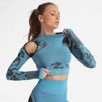Summer Long Sleeve Crop Top Women Fitness Gym Yoga Sports Camouflage Seamless Breathable Yoga Top