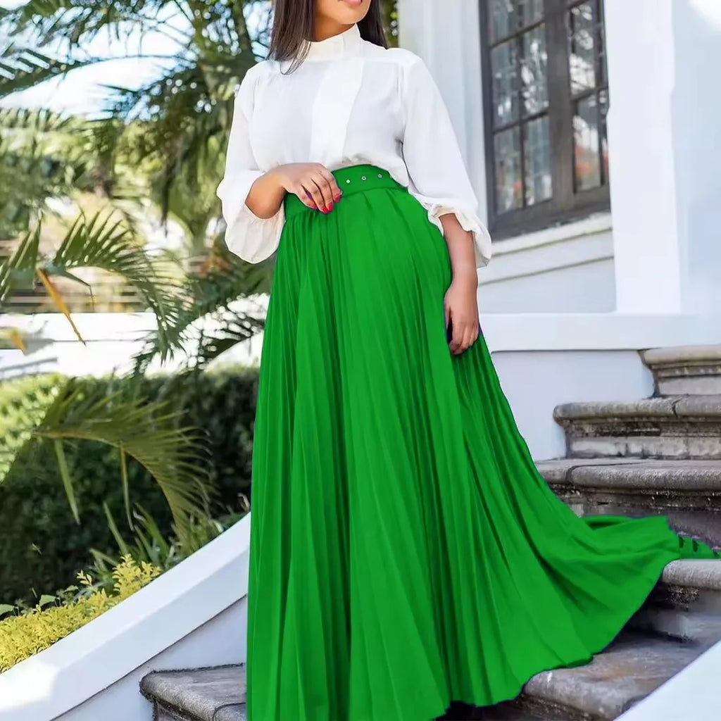 Pleated Midi Skirt with Belt - Elegant A-Line Skirt for Women