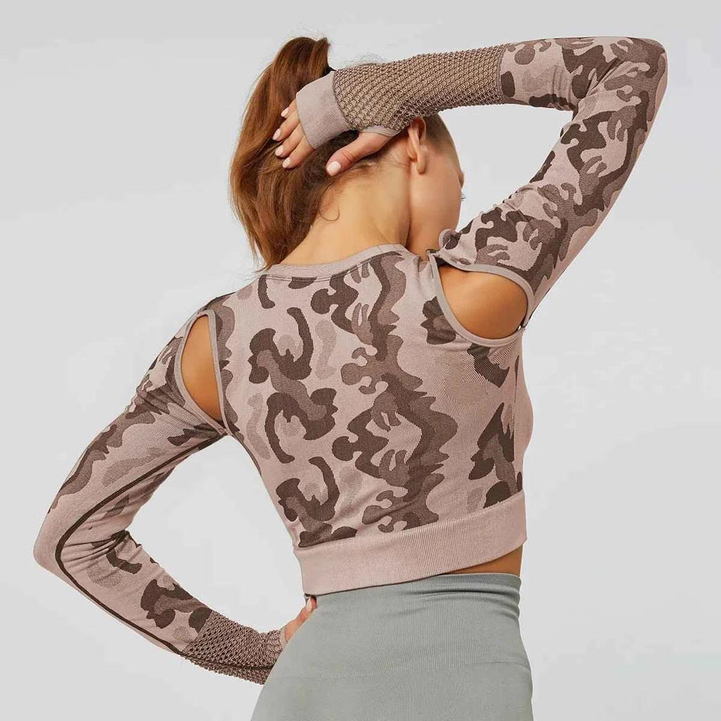 Summer Long Sleeve Crop Top Women Fitness Gym Yoga Sports Camouflage Seamless Breathable Yoga Top