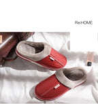 Men's Big Size Winter Slippers Home PU Leather Shoes for Men Indoor Waterproof Fur Cotton Male Bedroom Slipper Flat Houseshoes