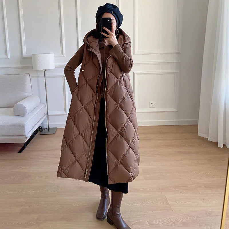 Luxury Women's Sleeveless down Vest Winter Warm Hooded Zipper Long Jacket with Belt Fashion Outerwear