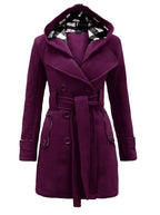 Fashionable Women's Woolen Warm Fleece Double Breast Jacket With Belts