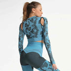 Summer Long Sleeve Crop Top Women Fitness Gym Yoga Sports Camouflage Seamless Breathable Yoga Top