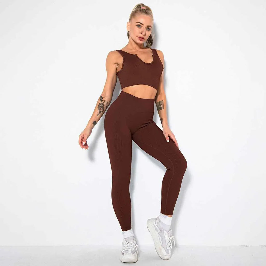 Seamless Sexy 2 Piece Active Wear Set - Women's U V Neck Gym Leggings & Top for Yoga & Fitness