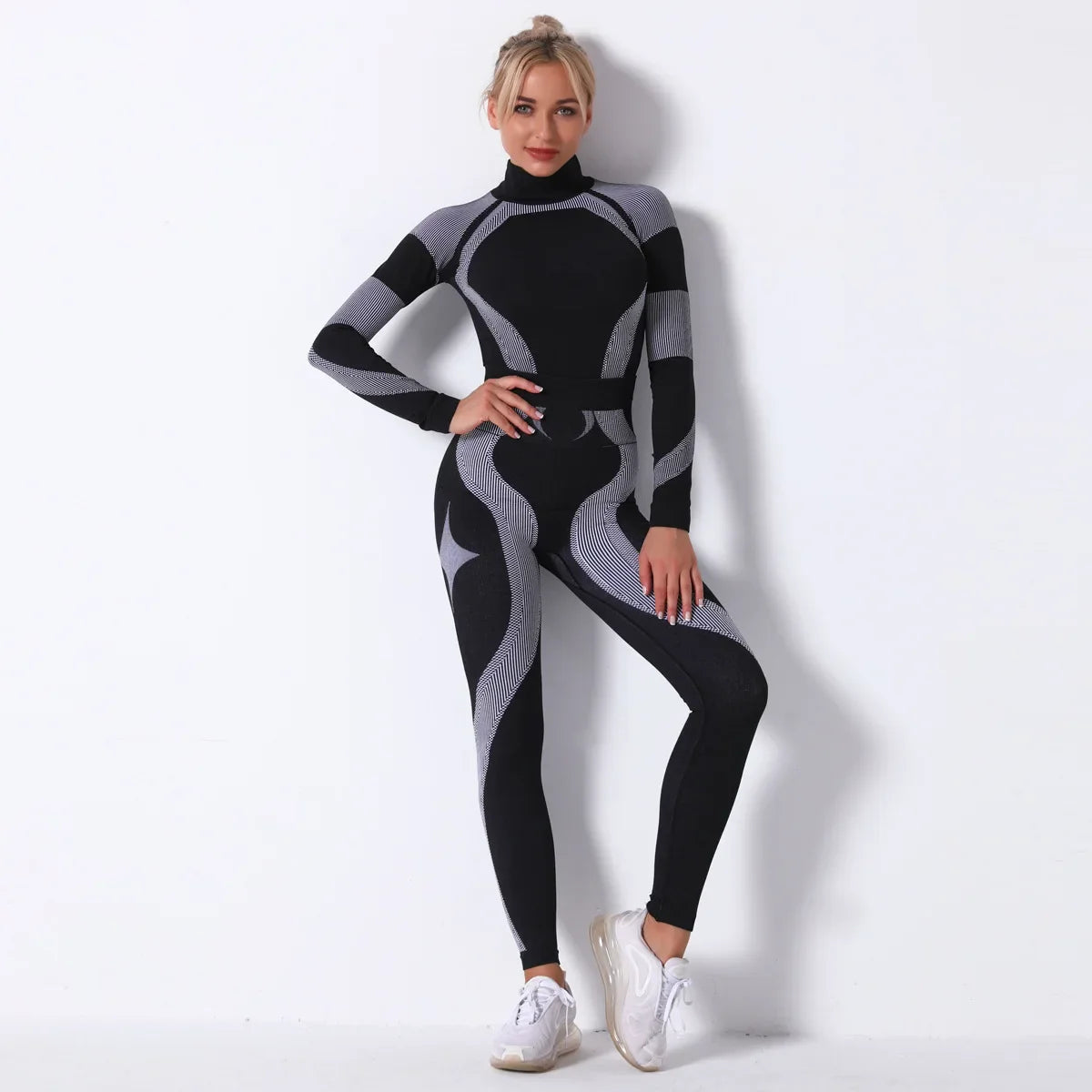 Breathable Yoga Workout Long Sleeve Shirt Leggings Set Gym Sports Fitness Striped Pants Suit For Women