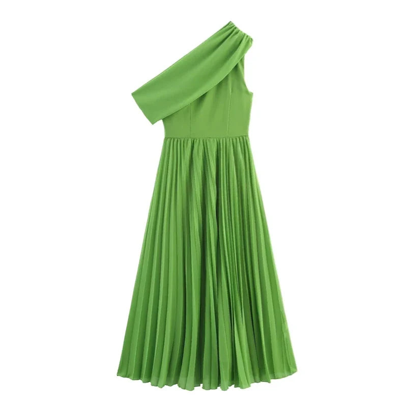 Oblique Shoulder Midi Dress - Elegant A-Line Pleated Dress for Women