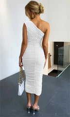 Women's Sexy Bodycon One Shoulder Sleeveless Ruched Midi Club Elegant Party Dresses