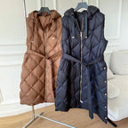 Luxury Women's Sleeveless down Vest Winter Warm Hooded Zipper Long Jacket with Belt Fashion Outerwear