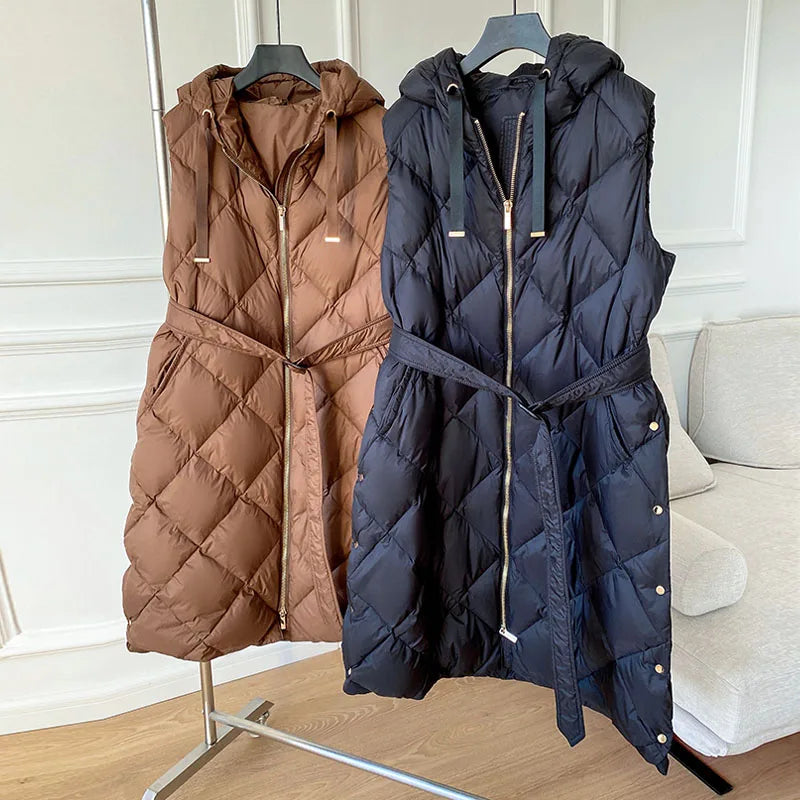 Luxury Women's Sleeveless down Vest Winter Warm Hooded Zipper Long Jacket with Belt Fashion Outerwear