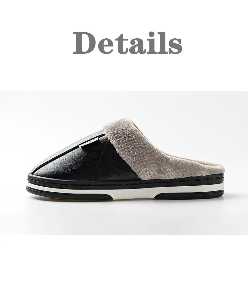 Men's Big Size Winter Slippers Home PU Leather Shoes for Men Indoor Waterproof Fur Cotton Male Bedroom Slipper Flat Houseshoes